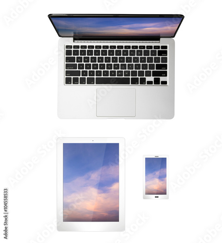top view notebook, tablet and mobile phone isolated on white