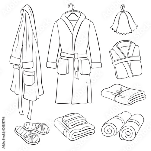 Sauna accessories sketch. Hand drawn spa bathrobes and towels collection. Bathroom objects isolated on white background. Bath clothes outlines.