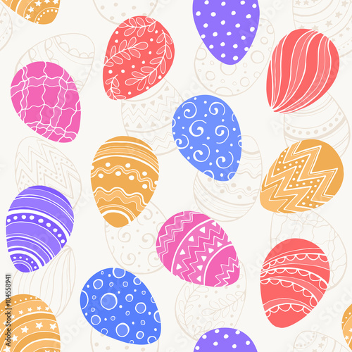 Easter background with colorful Ester eggs. Decorative Esater eggs seamless pattern in sweet colors. Easter eggs with ornaments.