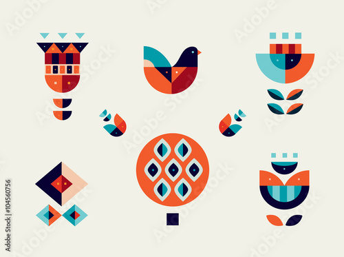 Vector set flat geometric flowers and bird