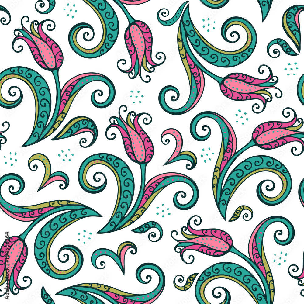 Pink tulips flowers seamless pattern. Girly background Pink tulips flowers seamless pattern. Girly background