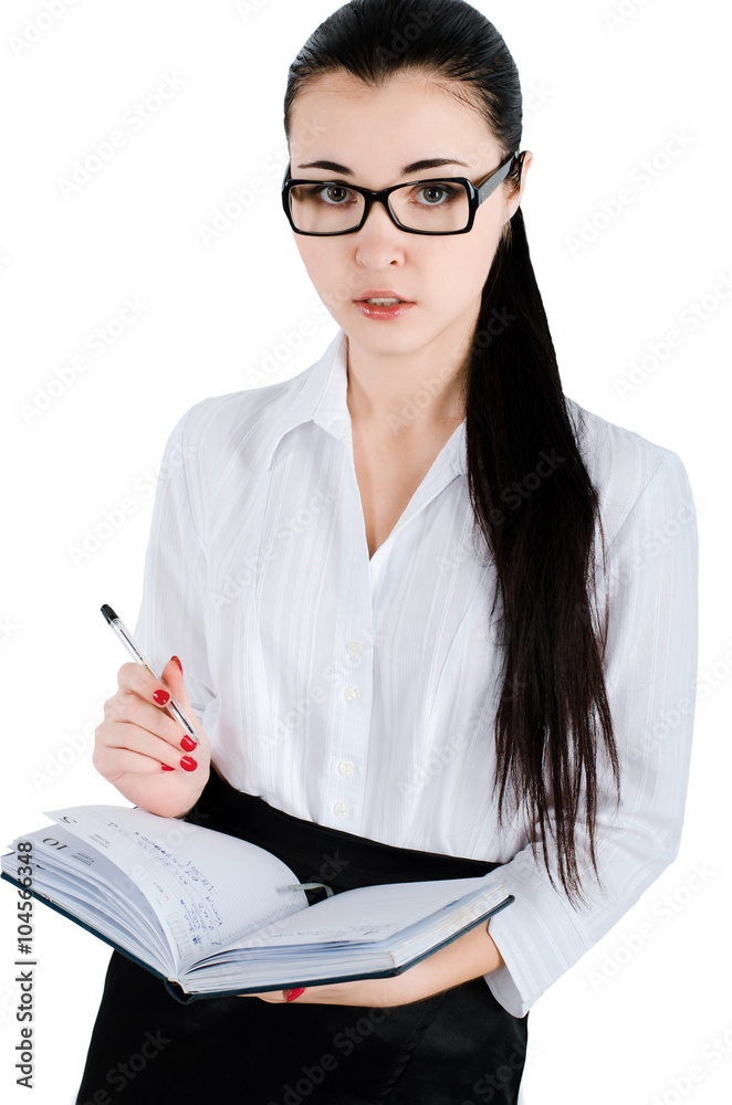 business woman holding a pen and notebook and flirty looks ahead. Isolated on white. business woman holding a pen and notebook and flirty looks ahead. Isolated on white.
