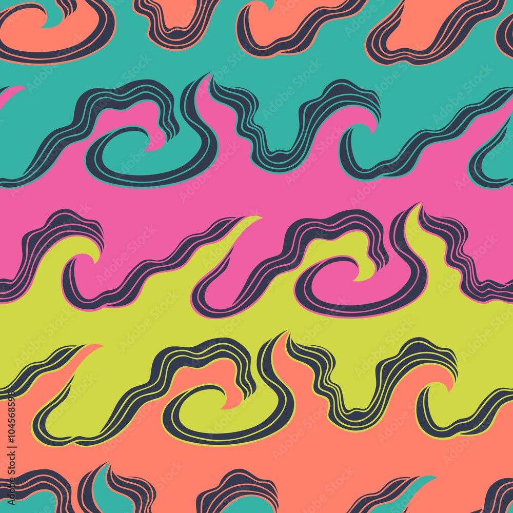 wave hand-drawn seamless pattern,  colourfull bright waves background, abstract, EPS 8