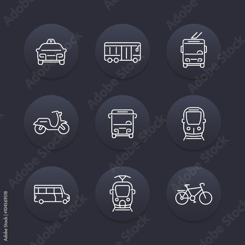 City transport, transit van, train, bus line icon, taxi, transit bus icon, linear round icons set, vector illustration