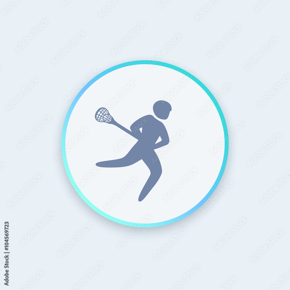 Lacrosse player icon, lacrosse sign, round icon, lacrosse pictogram, vector illustration