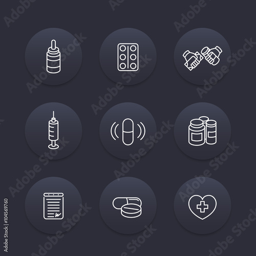 medicine, drugs, pills line icons, pharmaceutics, supplements, pharmaceuticals, medication icons, dark set, vector illustration