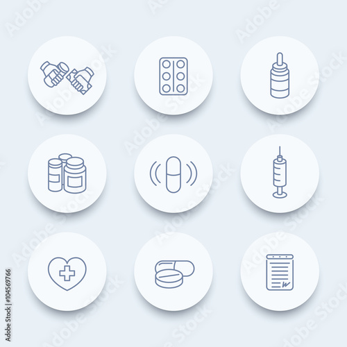 medicine, drugs, pills, pharmaceutics line icons, supplements, pharmaceuticals, medication icons, vector illustration