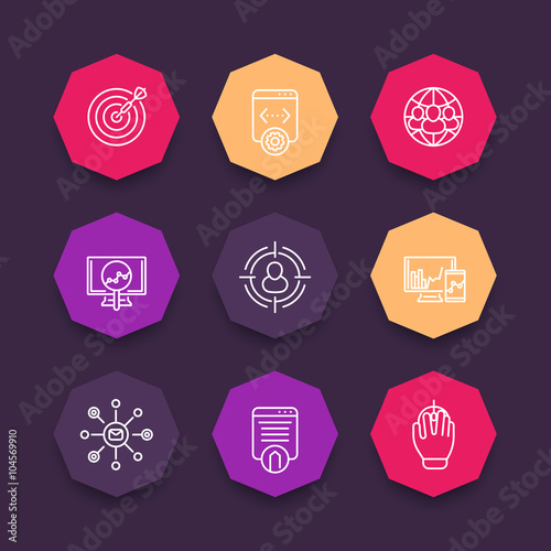 seo icons, search engine optimization, internet marketing, seo, web page indexing line icons, color octagonal set, vector
