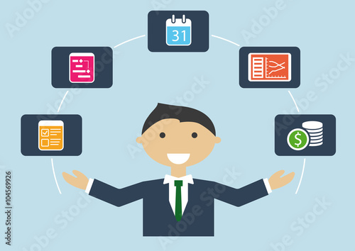 People at work: vector illustration of project manager who manages project plan, budget, tasks