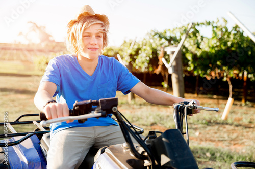 Boy riding farm truck in vineyard © Sergey Nivens