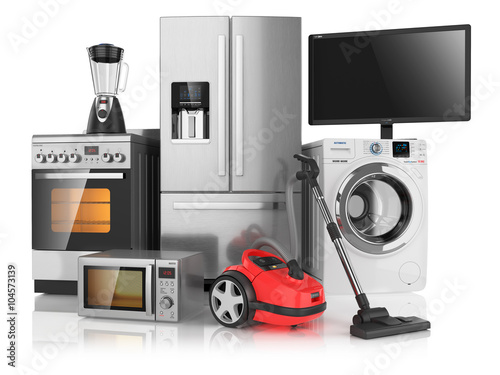 Set of household kitchen appliances, isolated on white backgroun photo