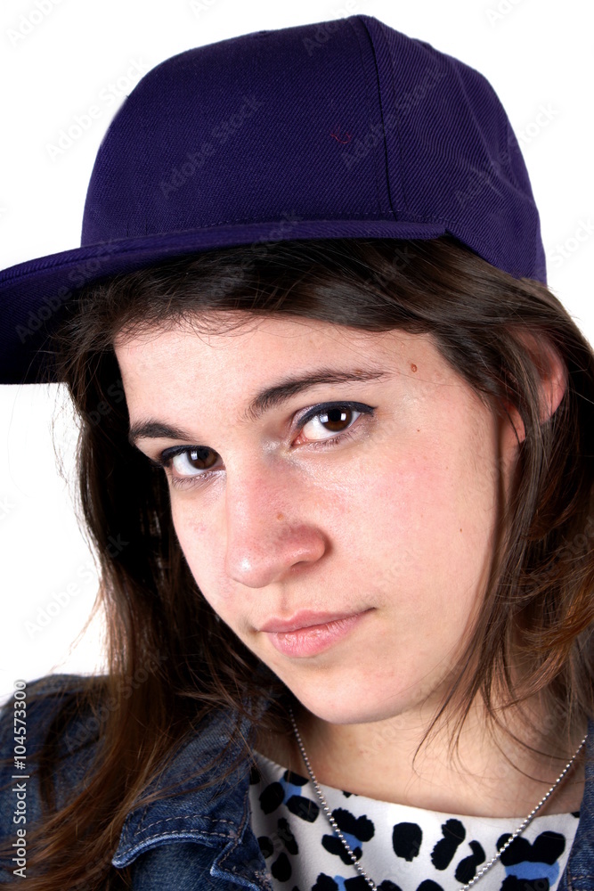 Studio shot of a young lady with blue hat Studio shot of a young lady with blue hat
