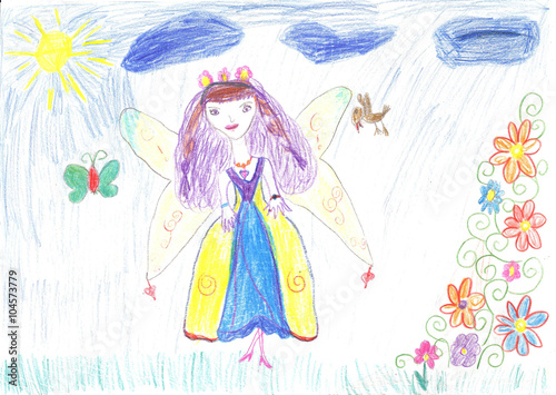 Child drawing fairy flying on a flower