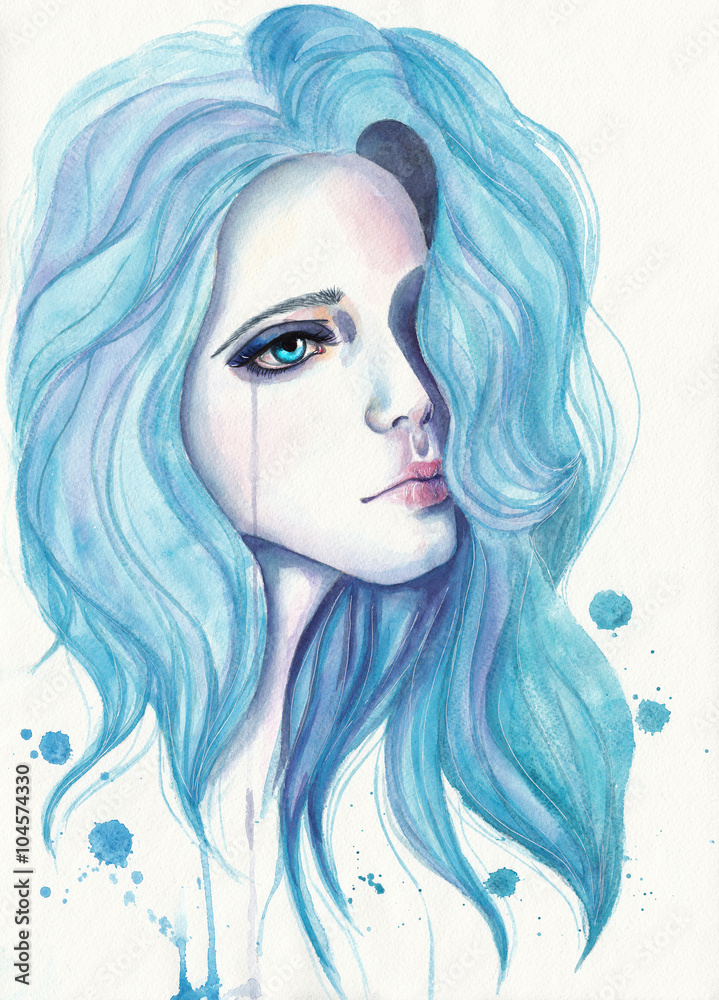 Fototapeta premium Crying girl with blue hair. Watercolor illustration on textured paper