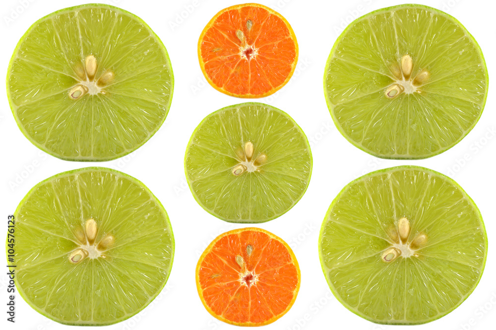 Halves of lime and orange on white background