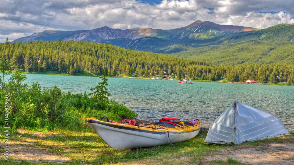 Kayaks at Maligne Lake at Jasper National Park, Alberta, Canada