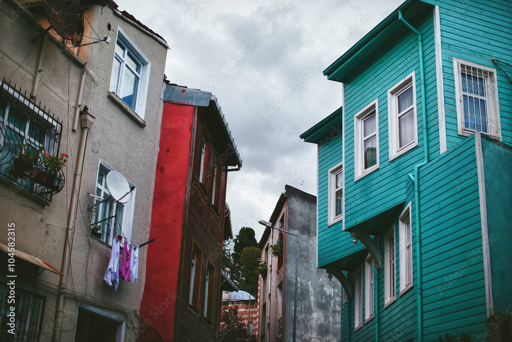colorful houses in Istanbul on a cloudy day
