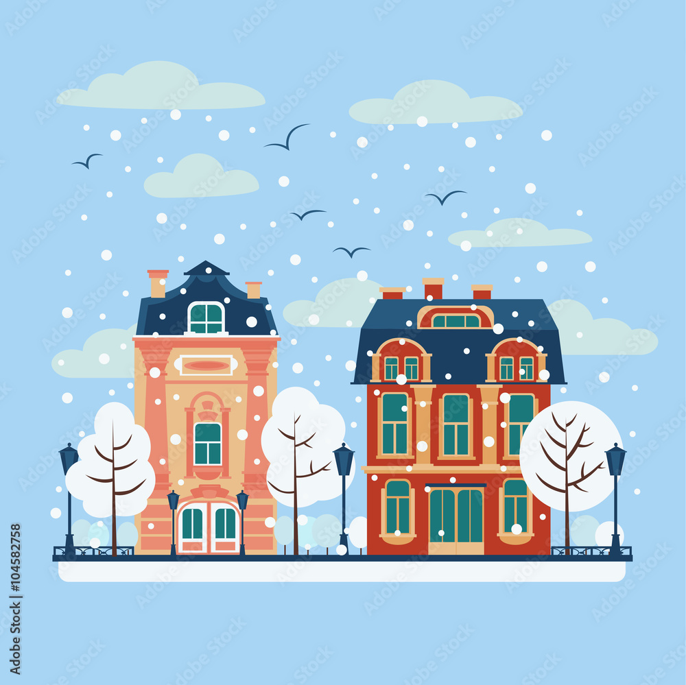 European City Urban Landscape with Vintage Houses and Trees in Winter