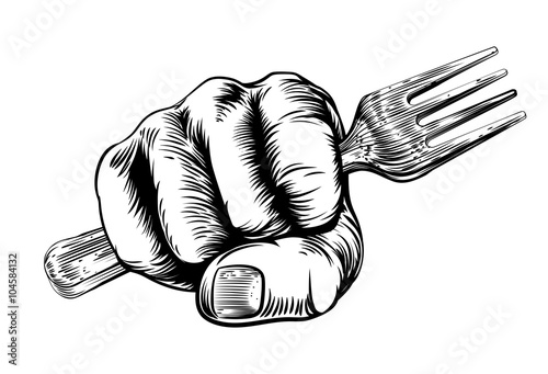 Fork Woodcut Fist Hand