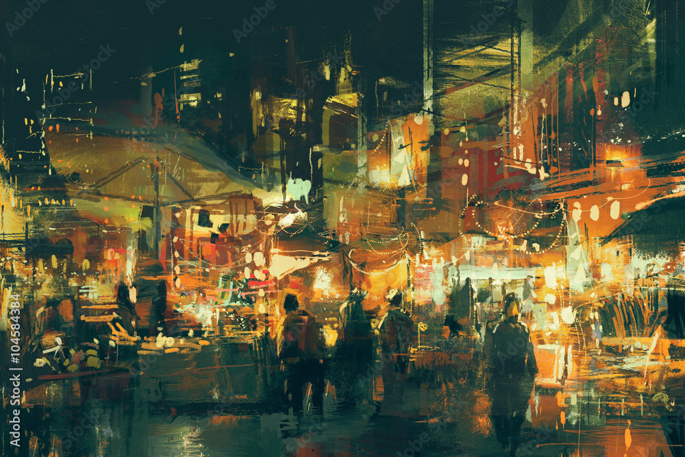 digital painting of people walking in the market at night