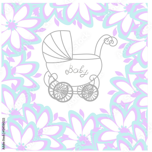 Baby shower girl announcement, baby carriage invitation with abstract flowers, vector illustration background