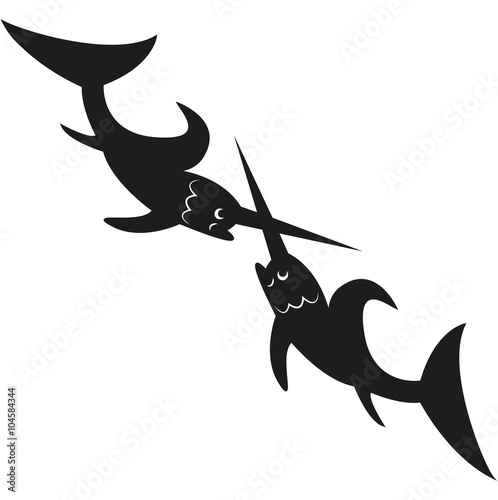 Swordfishes silhouette fighting vector isolated on white, silhouette di pesci spada vettoriali che combattono isolate su sfondo bianco
