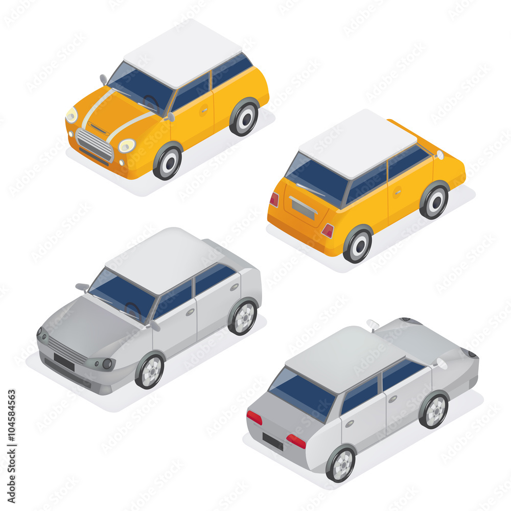 City Cars Isometric Set with Mini Car and Sedan Automobile