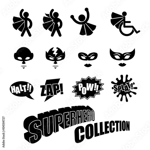 Black and white superhero icons symbol collection. Male and female.