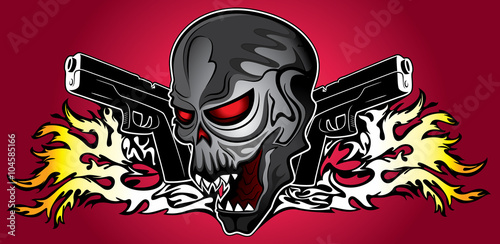 angry human skull with pistols and fire flames background