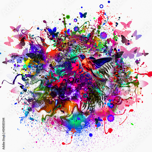 Абстрактное изображение с птицей и цветками. Иллюстрация