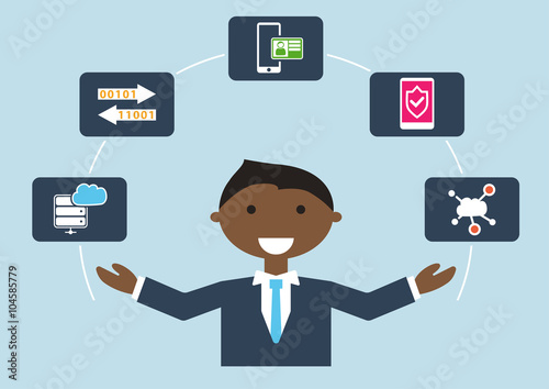 People at work: vector illustration of an IT security expert who is managing different tasks
