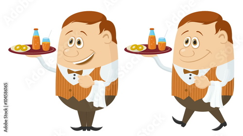 Fullhd 1920x1080 Progressive Seamlessly Looping Video, Waiters, Funny Cartoon Characters in Uniform with Juice and Buns on Trays, Coming to Serve Clients. Animated Elements. Alpha Matte Included