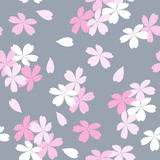 Seamless floral pattern with pink and white Sakura flowers on a gray background. Vector illustration.