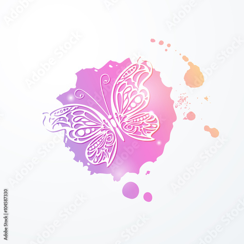 Illustration of light lacy abstract butterfly on pink rainbow watercolor stain. Element for your design.