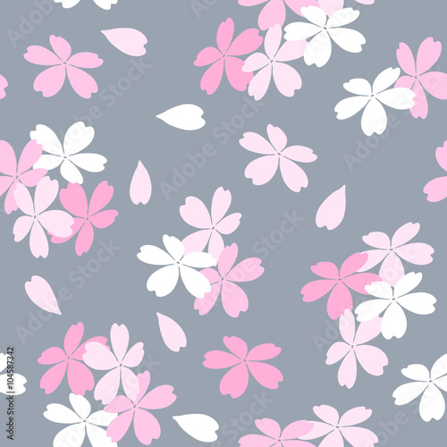Seamless floral pattern with pink and white Sakura flowers on a gray background. Vector illustration.