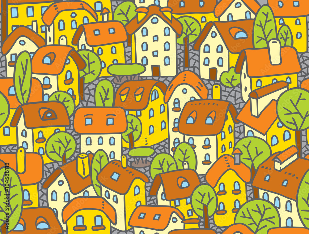 Seamless pattern with houses and courtyards