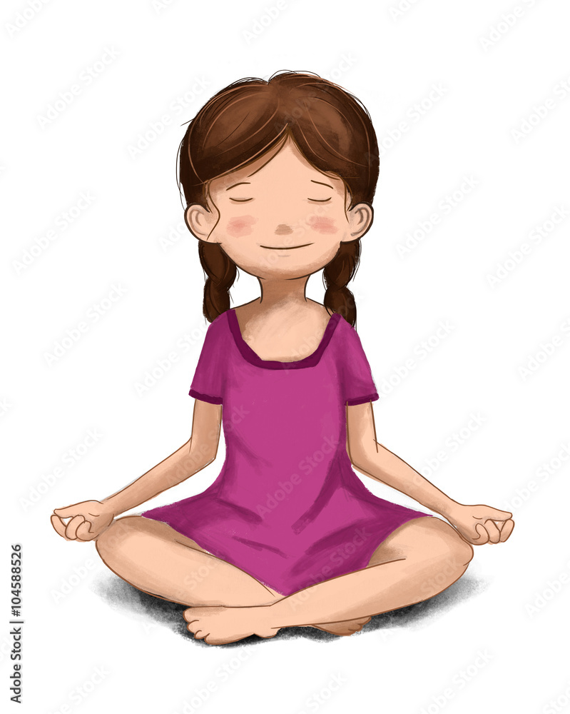 Niña meditando. Meditación infantil, Niña tranquila en calma. Practicando  yoga Stock Illustration | Adobe Stock