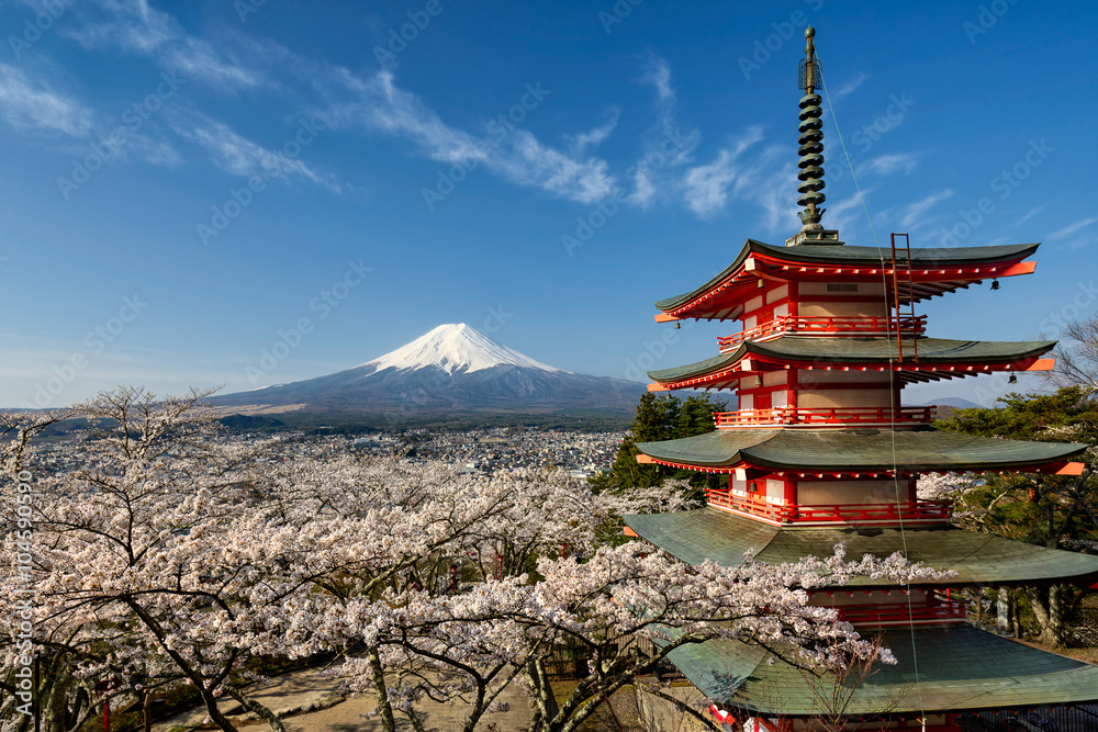 Mount Fuji with pagoda and cherry trees, Japan - obrazy, fototapety, plakaty 