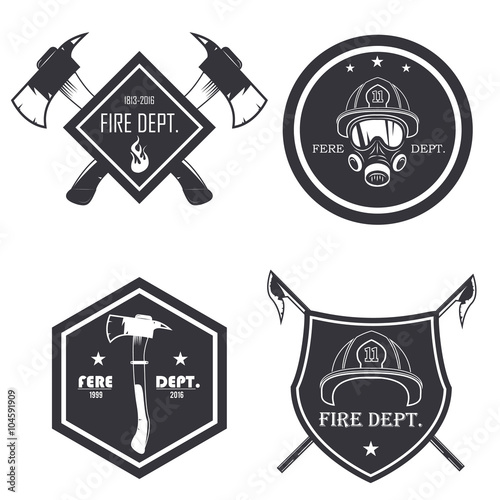 Set of firefighter emblems, labels, badges and logos on light background. vector illustration