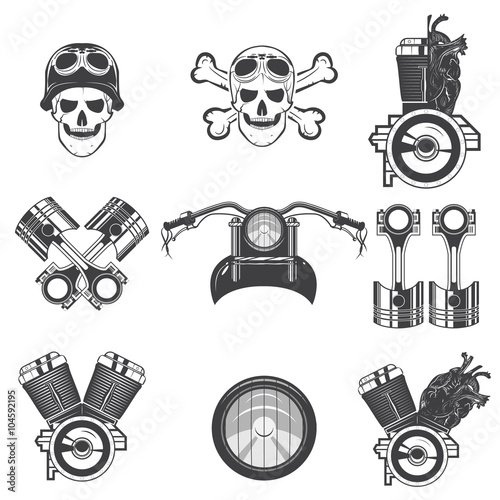 Set of vintage motorcycle emblems, labels, badges, logos and design elements. Monochrome style. vector illustration.