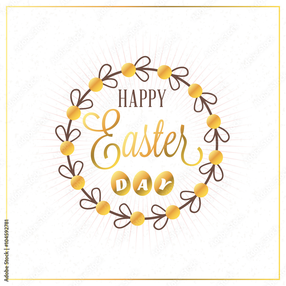 Happy Easter. Vector Vintage Holiday Golden Badge. Template for Greeting Card. Golden and Brown Colors. Happy Easter Day, Easter Sunday, Easter Greeting Card