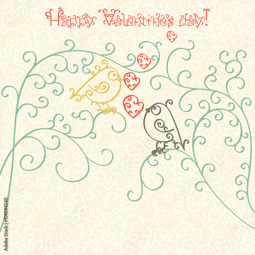 Happy Valentines Day. Greeting card or invitation. Concept. Monochrome black outline pattern with birds of curls Isolated on white background.