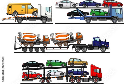 Set of different auto transporters isolated on white background in flat style. Vector illustration.