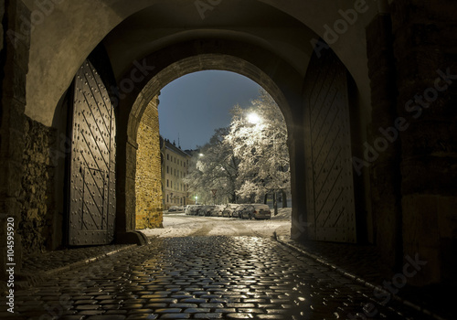 Photography Beautiful view in Prague through gate in winter