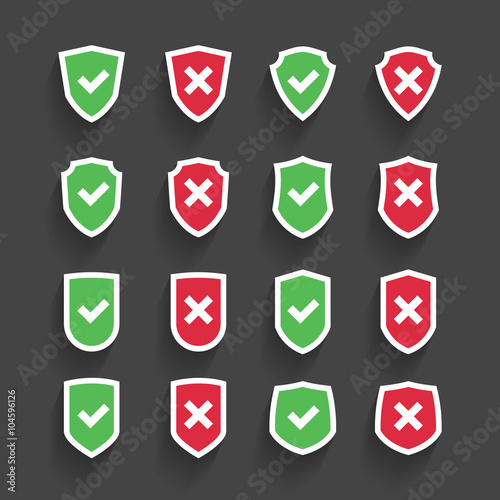 Set of shields with checkmark symbol in flat design style isolat