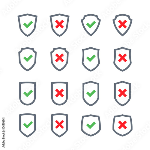 Set of shields with checkmark symbol in flat design style isolat