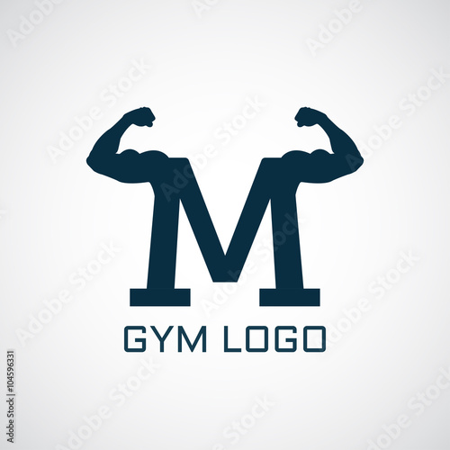 Abstract graphic illustration with silhouettes of muscles nd letter M. Real mn. Gym logo
