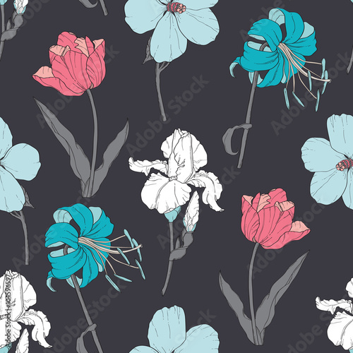 Vector Colorful Vintage Flowers On Charcoal Grey Pastel Fabric Seamless Pattern With Tulips, Daffodils In Botanical Style.