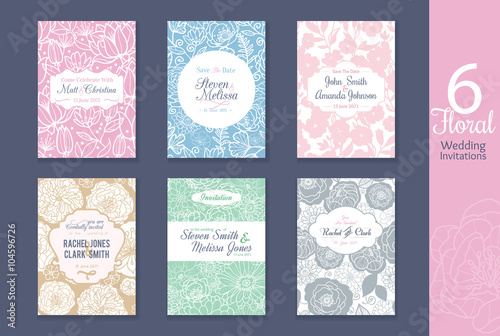 Six floral wedding, save the date invitations set with bride and groom names,...