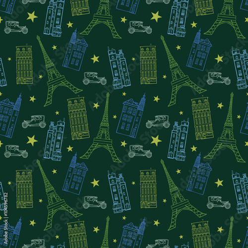 Vector Paris Streets Dark Green Drawing Seamless Pattern with Eifel Tower, houses, cars and stars. Perfect for travel themed designs products.